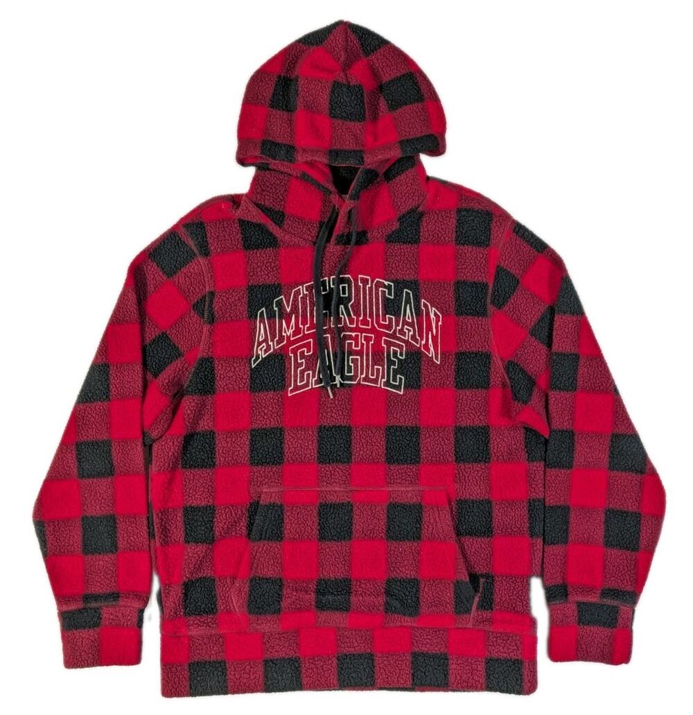 American Eagle Mens Large Red Black Buffalo Plaid Sherpa Hoodie Fleece Pullover